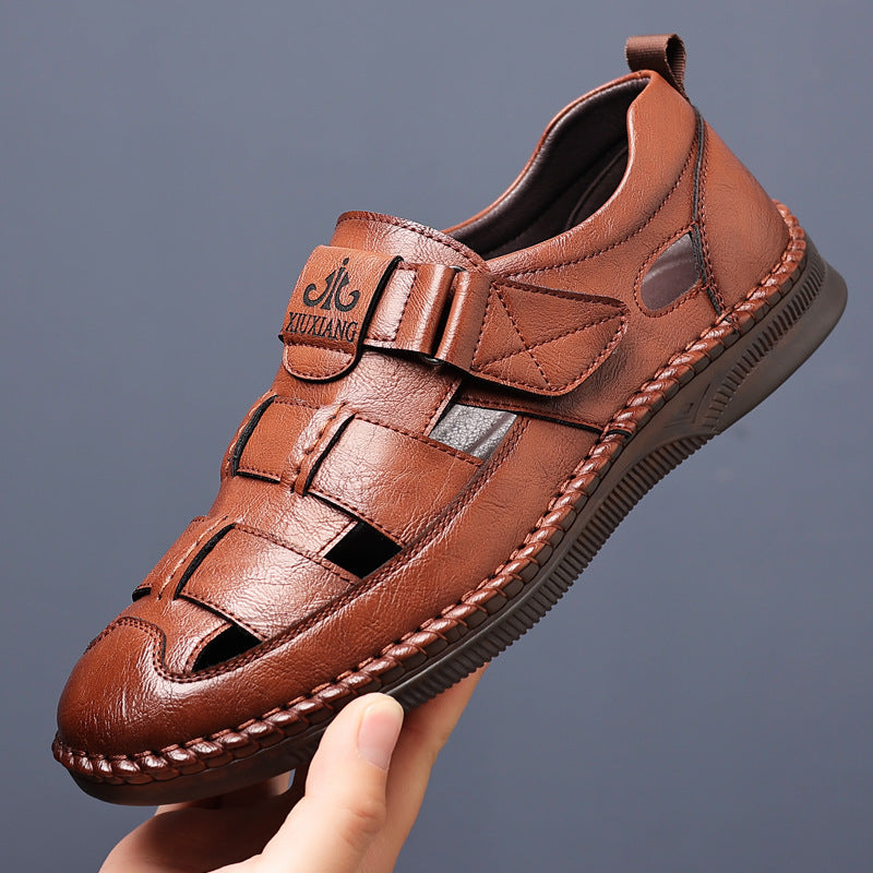 Summer New 2025 Men's Leather Sandals Men's Breathable Soft Sole Anti-slip Hollow-out Leather Sandals for Middle-aged and Elderly Dads