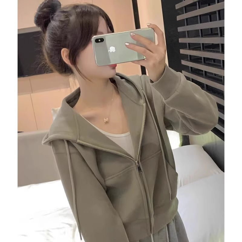 Early Spring Short Hooded Sweatshirt Jacket for Petite Women, Spring Outfit 2026 New Style, Regular Shoulder Cardigan for Spring and Autumn