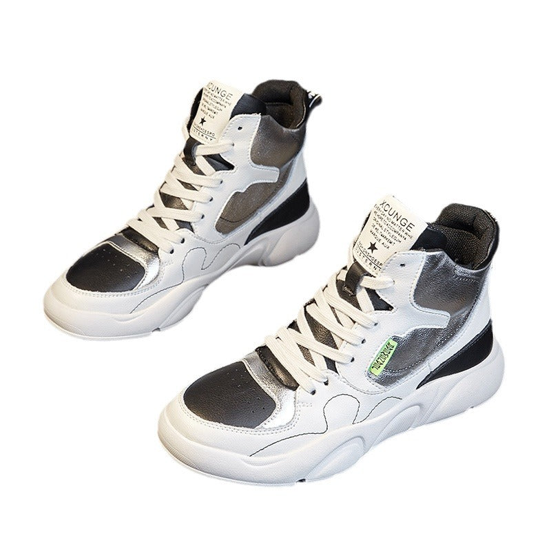 Genuine Leather High-Top Sneakers for Women 2025 Spring White Shoes for Women Korean Style Breathable Casual Sports Sneakers for Women Comfortable