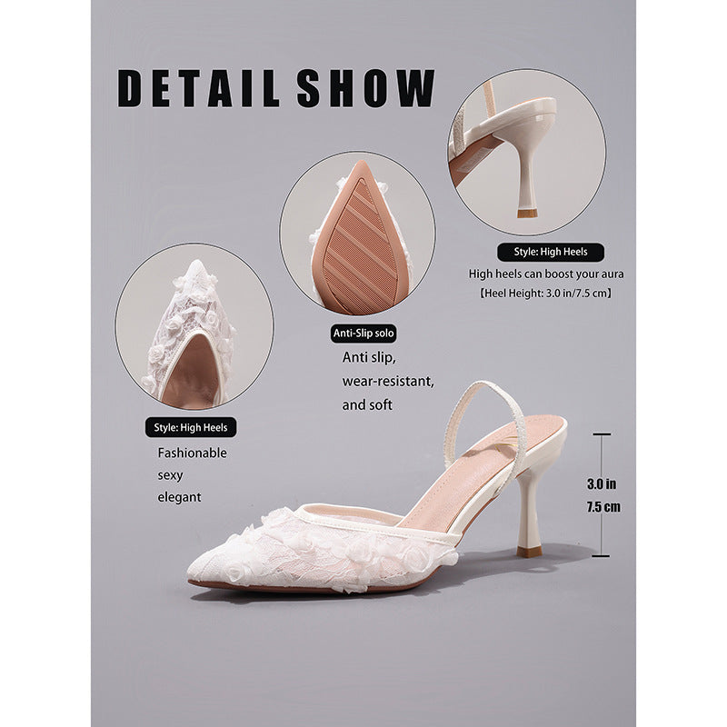 Fashion Lace Splicing High Heels for Women Summer Elegant Sexy Pointed Toe Banquet Wedding Stiletto Sandals Cross-Border Exclusive Supply