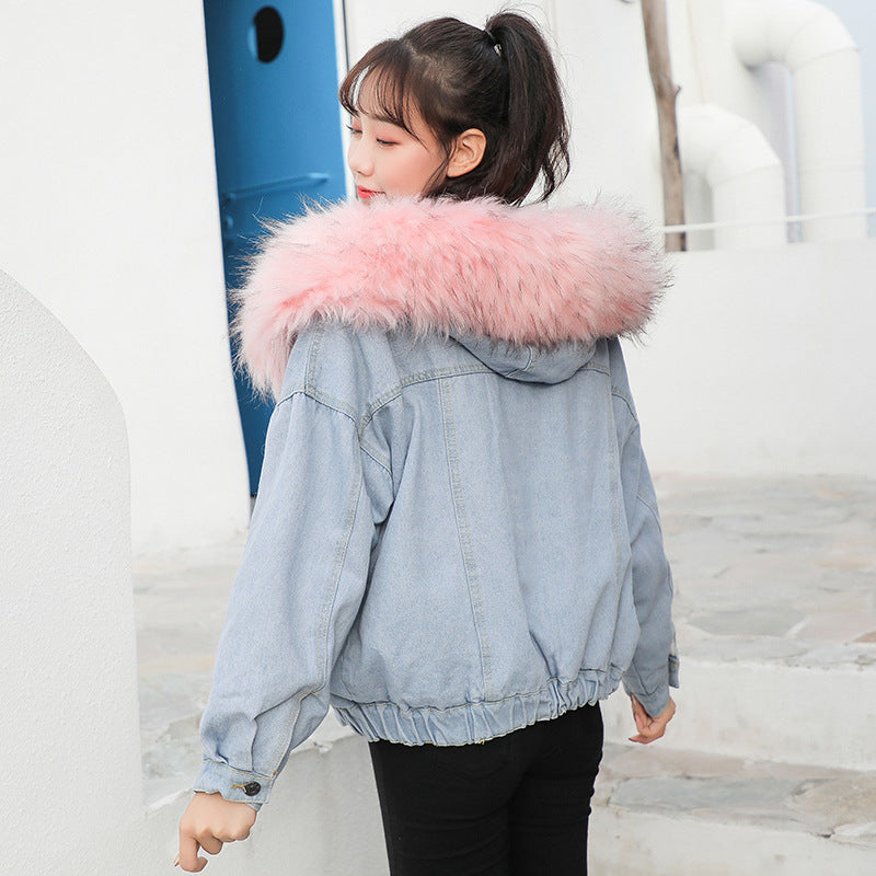 Women's Winter Short Jacket 2026 Korean Style Hooded Cotton-Padded Jacket Thickened Fleece Denim Jacket Women's Winter Thick Cotton Coat