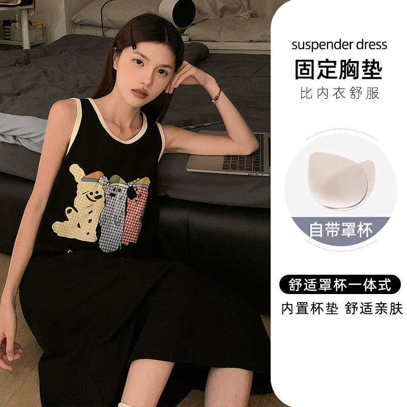 2025 New Summer Pajamas for Women, Vest Set with Integrated Chest Pad, Anti-Exposure, Imitation Cotton Pull-Up