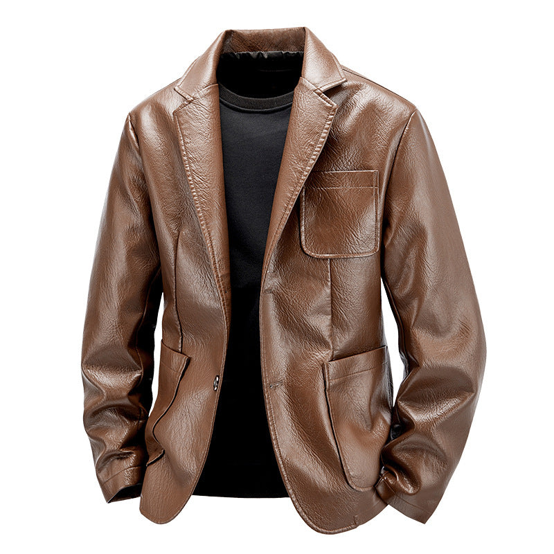 2025 Autumn New Men's American Style Trendy Motorcycle Jacket Simple Versatile Leather Coat Loose Fashionable Leather Blazer