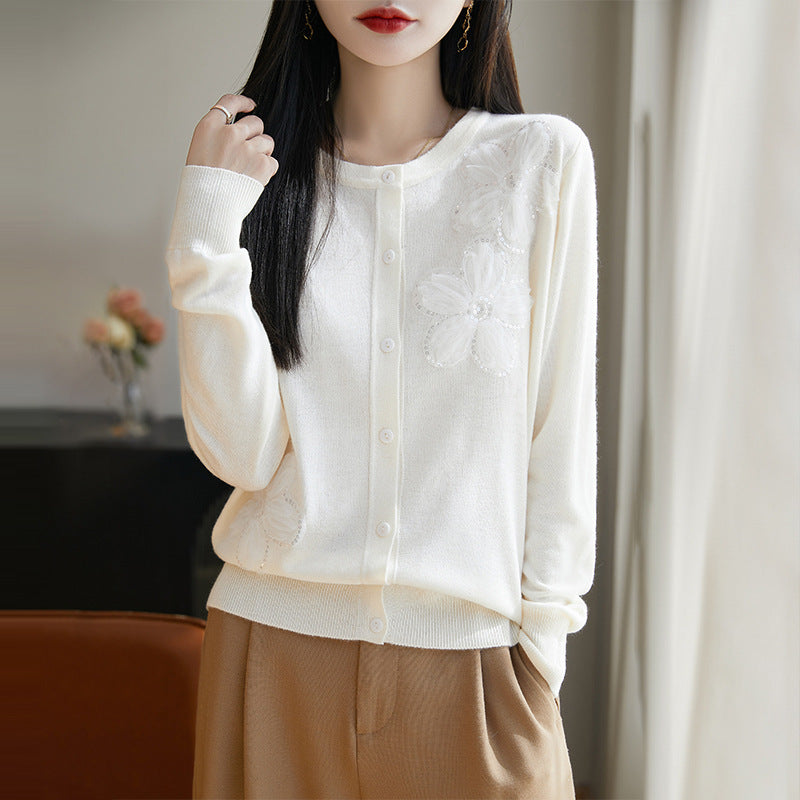 Spring and Autumn New Women's Worsted Wool Knitted Sweater Round Neck Three-dimensional Flower Knitted Cardigan Fashion Sweater Coat Top