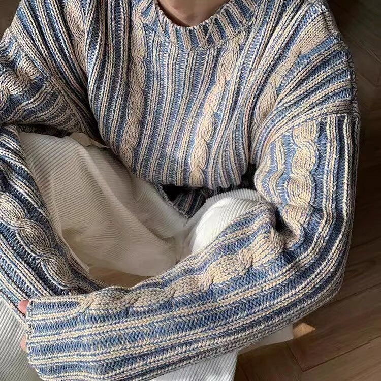 2024 Winter Casual Retro Mixed Color Striped Knitted Trendy Sweater Sense Men's Design Sense Crewneck Pullover for Hair