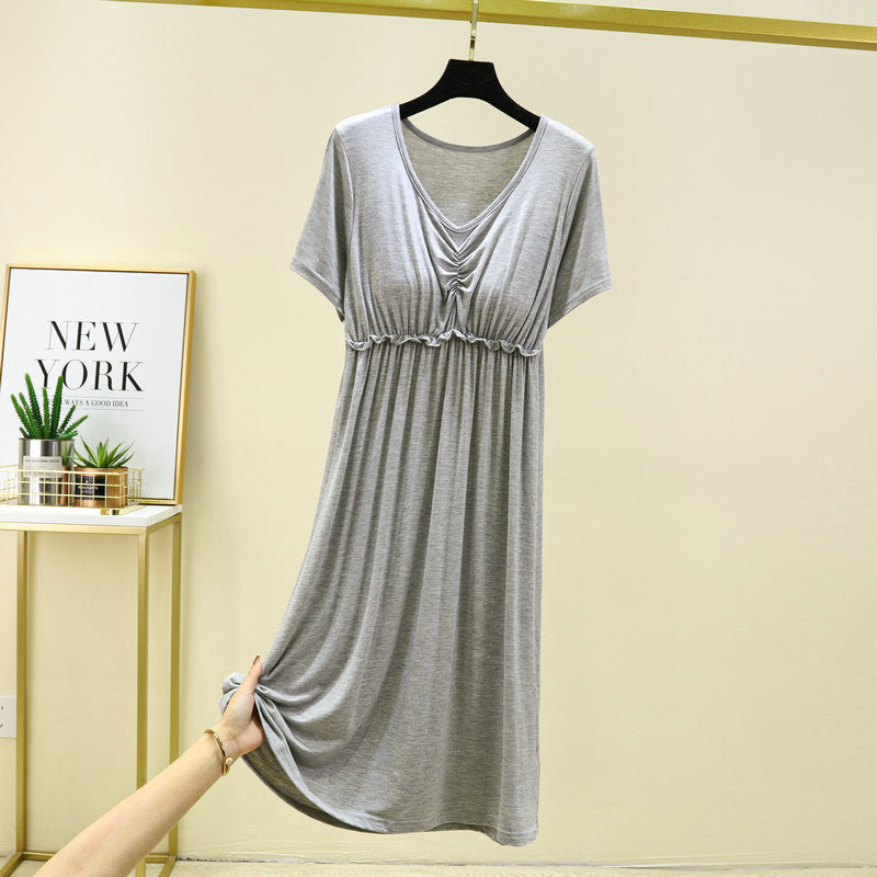 Women's Summer Thin Non-Bra Pajamas with Chest Pad Modal Loose Large Size Short Sleeve V-neck Home Dress
