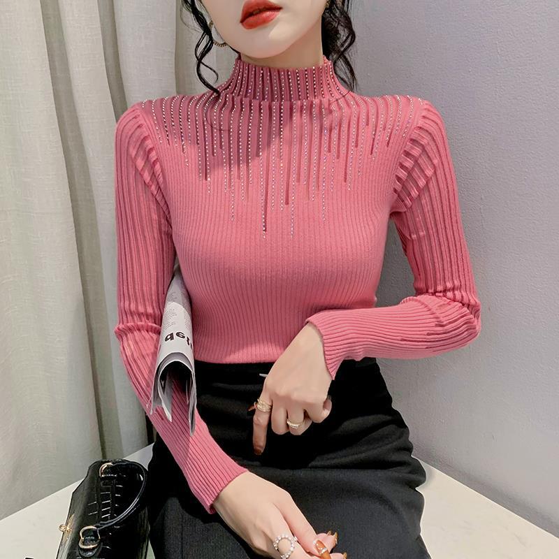 Real shot 2022 autumn and winter New Hot drilling mesh stitching sweater women's long sleeve hollow sweater slim base shirt