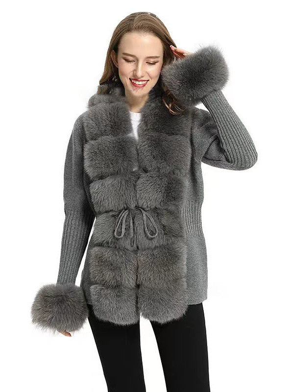 Women's Knitted Sweater 25 Spring Knitted Cardigan Imitation Fox Fur Coat Women's New Style Short Sweater Women