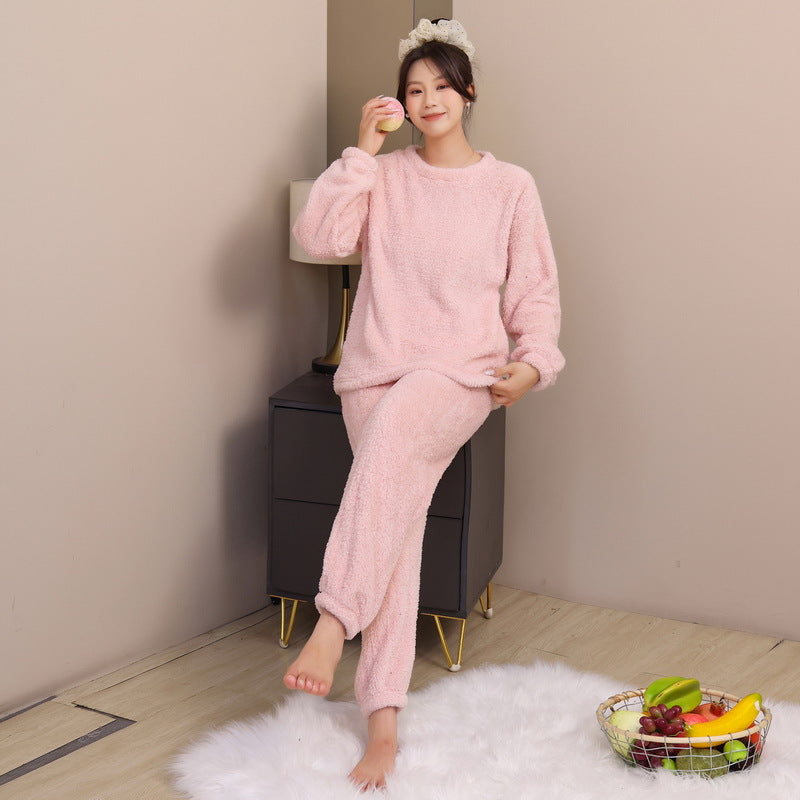 Pajamas for Women 2025 Autumn and Winter New Long-Sleeved Pants Fleece-Lined Thickeneded Bright Silk Coral Velvet Can Be Worn Outside Home Clothes Set