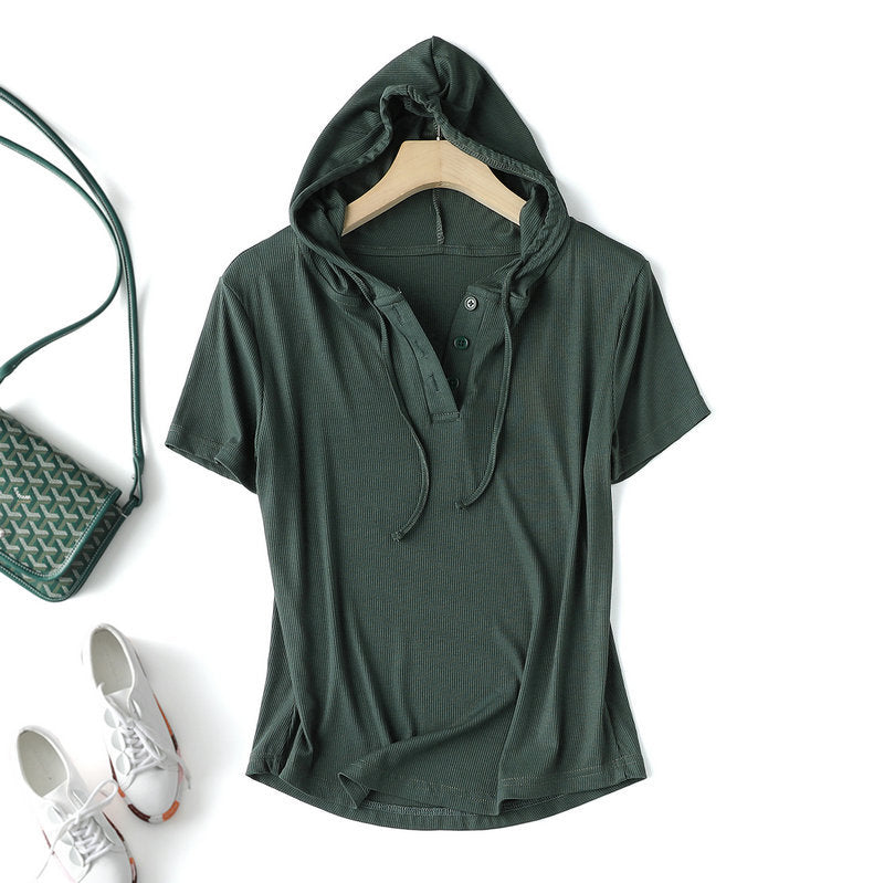 Modal thread short-sleeved hoodie T-shirt women's spring/summer plus size loose bottoming shirt slimming sun protection thin top