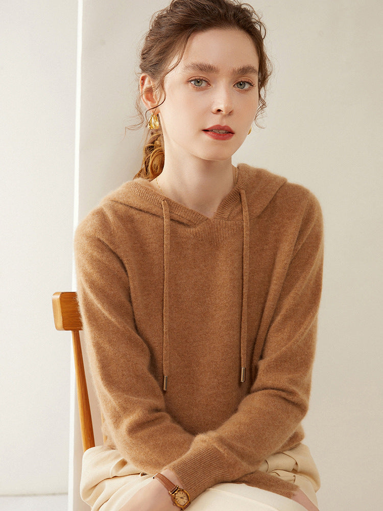 Light Luxury Solid Color 100% Pure Cashmere Hoodie for Women, Versatile for Commuting, Loose Knit Base Hoodie, Loose Fit