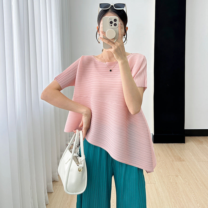 Foreign trade sanzhai top for women 2023 new loose slimming irregular versatile high-grade pleated t-shirt for women