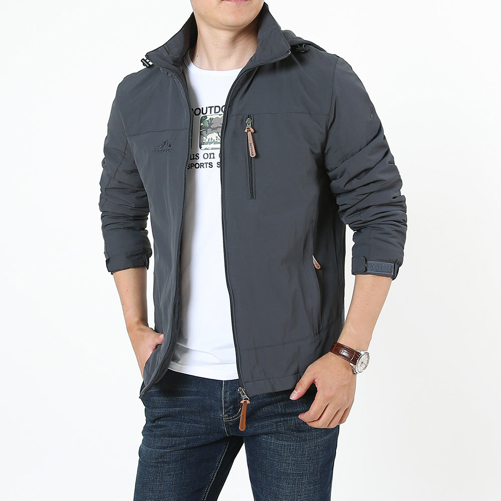 Men's Autumn and Winter Jacket Hooded Business Casual Velvet Thickened Top Waterproof Young and Middle-Aged Hooded Windbreaker Jacket
