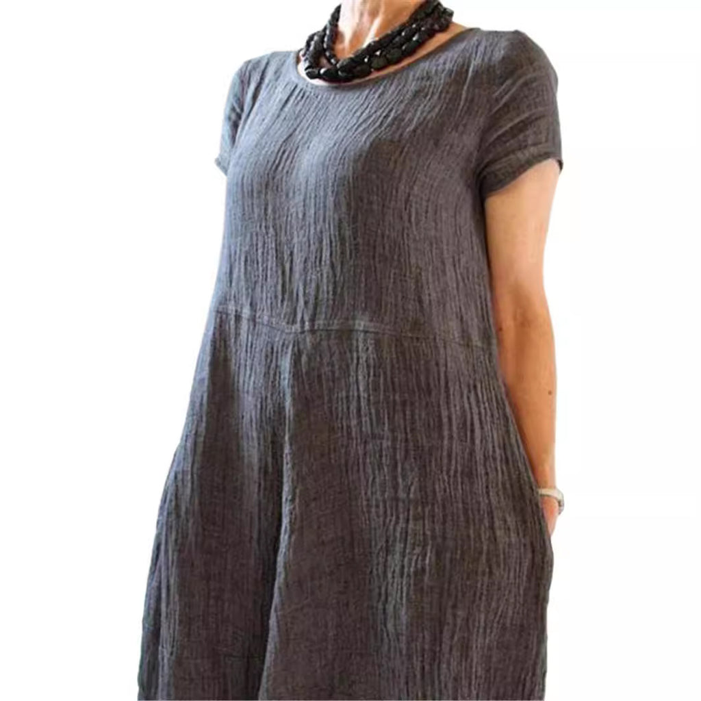 cross-border European and American dress new Chinese style loose solid color large size cotton and linen dress
