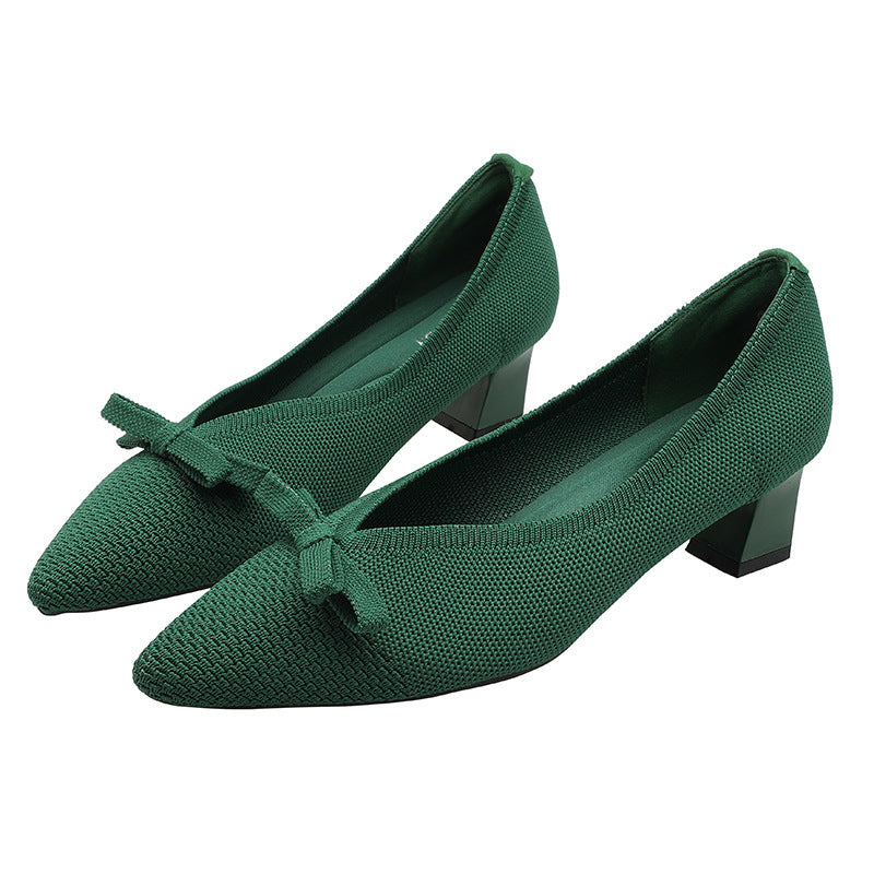 girls Fairy High Heels 2024 Spring and Autumn New Korean Style All-match Chunky Heel High Heel Commuter Women's Shoes Knitted Shoes Single-layer Shoes for Women