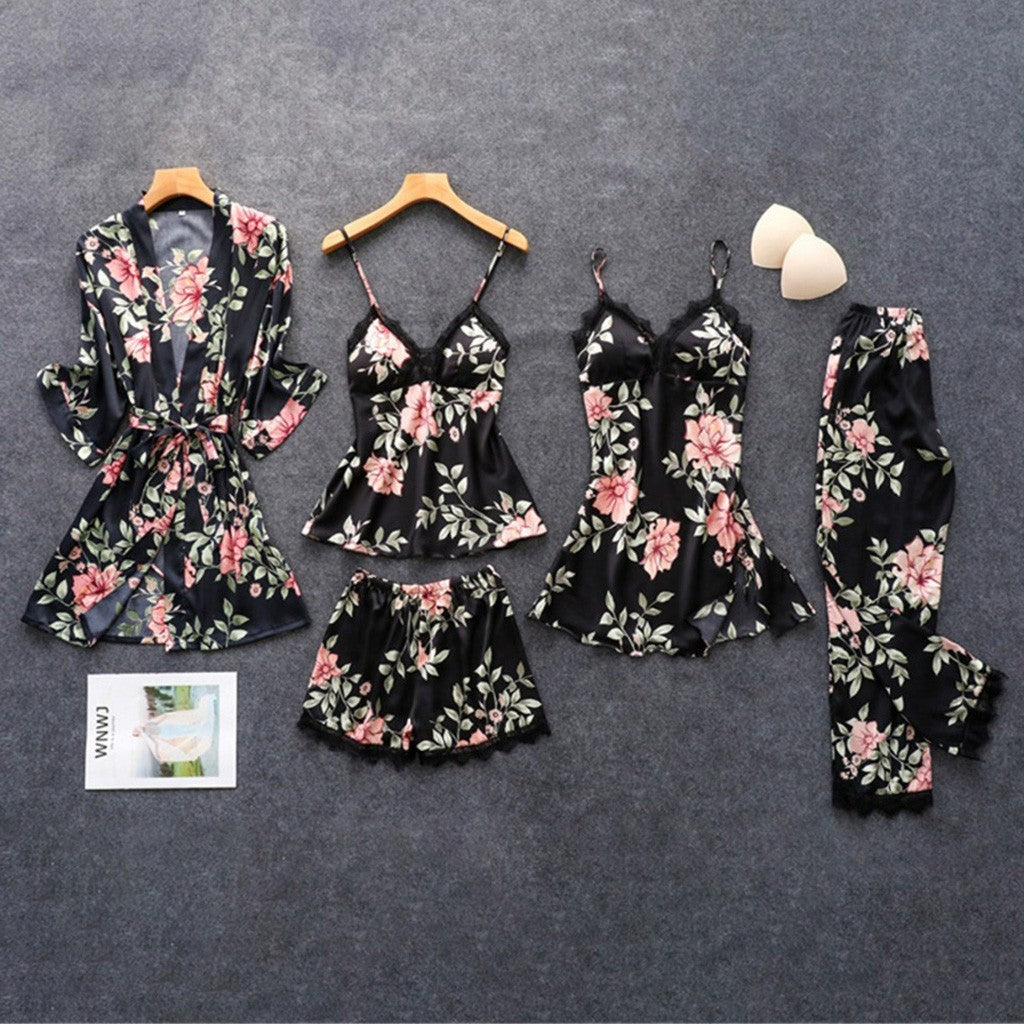 Pajama Manufacturer Wholesale Printed Women's Imitation Suspender Sleep Loose and Comfortable Lace Five-Piece Set Home Wear Underwear Nightgown