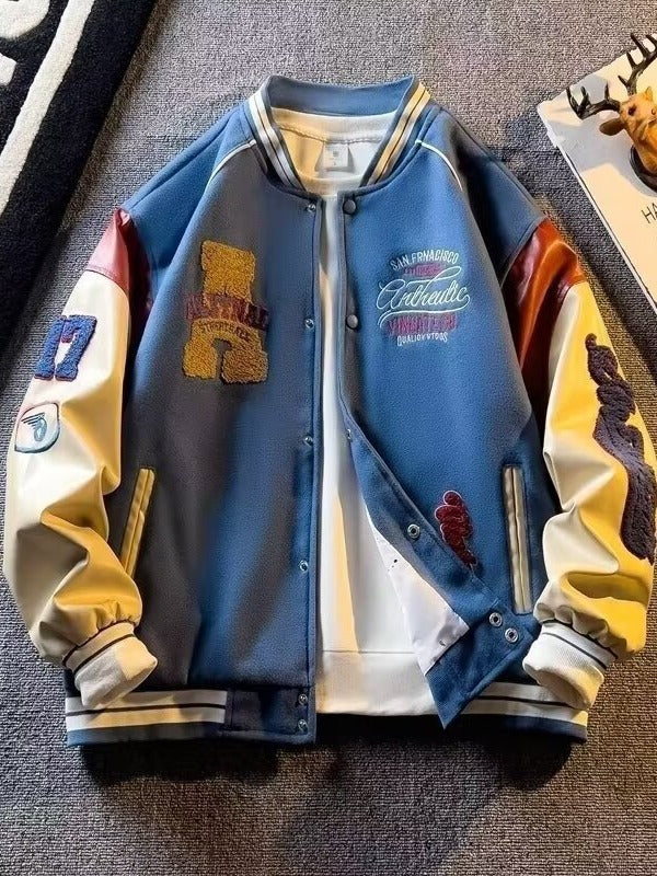 Spring 2024 New stitching woolen coat men's spring and autumn Korean fashion baseball uniform embroidered retro patchwork jacket