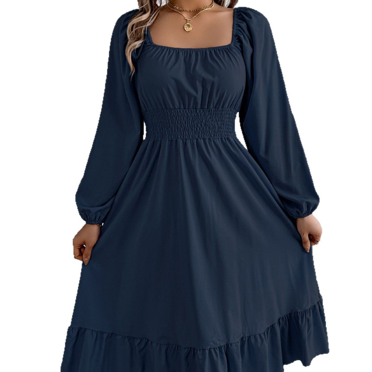 2026 Spring/Summer European and American Casual Solid Color Square Neck Long Sleeve Waist-Cinching Ruffle A-Line Dress Amazon Cross-Border Women's Clothing