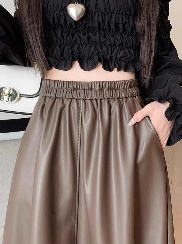 Black Leather Skirt, Long Style, for Petite Women, Autumn 2025 New High-Waisted A-Line Skirt, Pu Leather Skirt