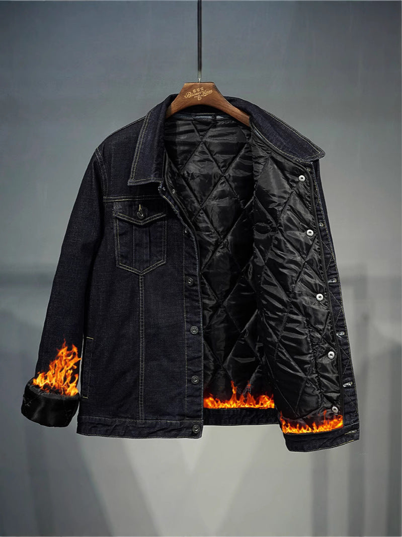 Fertilized Extra Large Elastic Loose Denim Coat fleece-lined Thickened plus size Men's Winter Jacket Warm Quilted Top