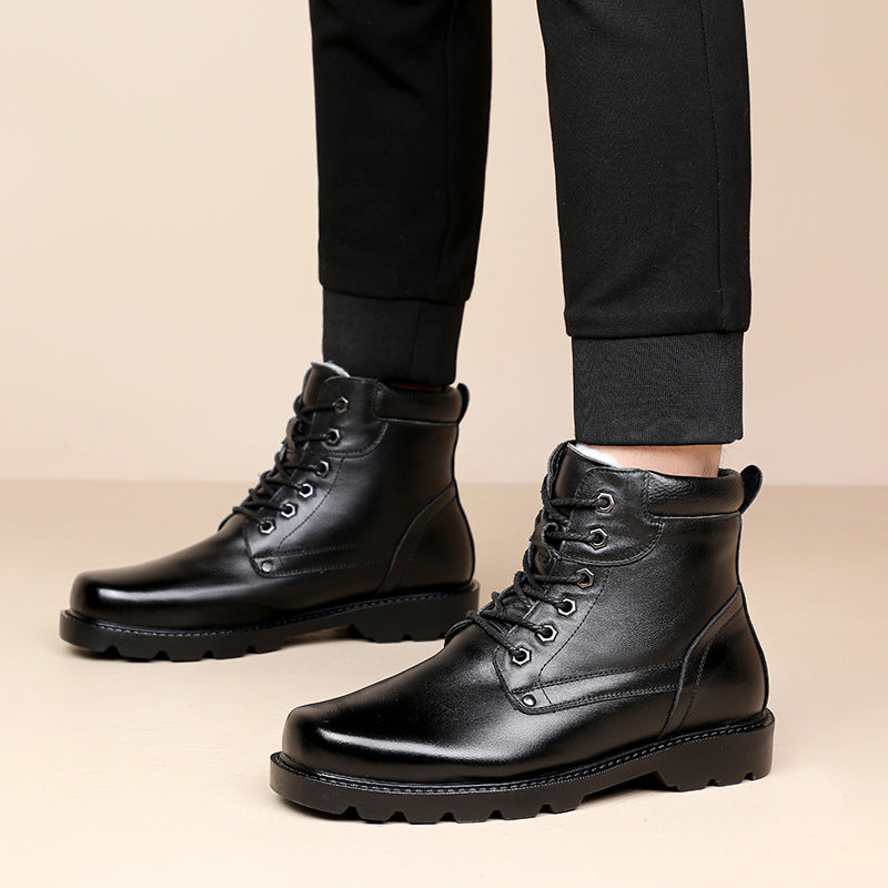 2024 Winter New Men's Leather Boots fleece-lined Warm High-top Men's Shoes Cowhide Snow Boots Northeast Cotton Boots Soft Bottom
