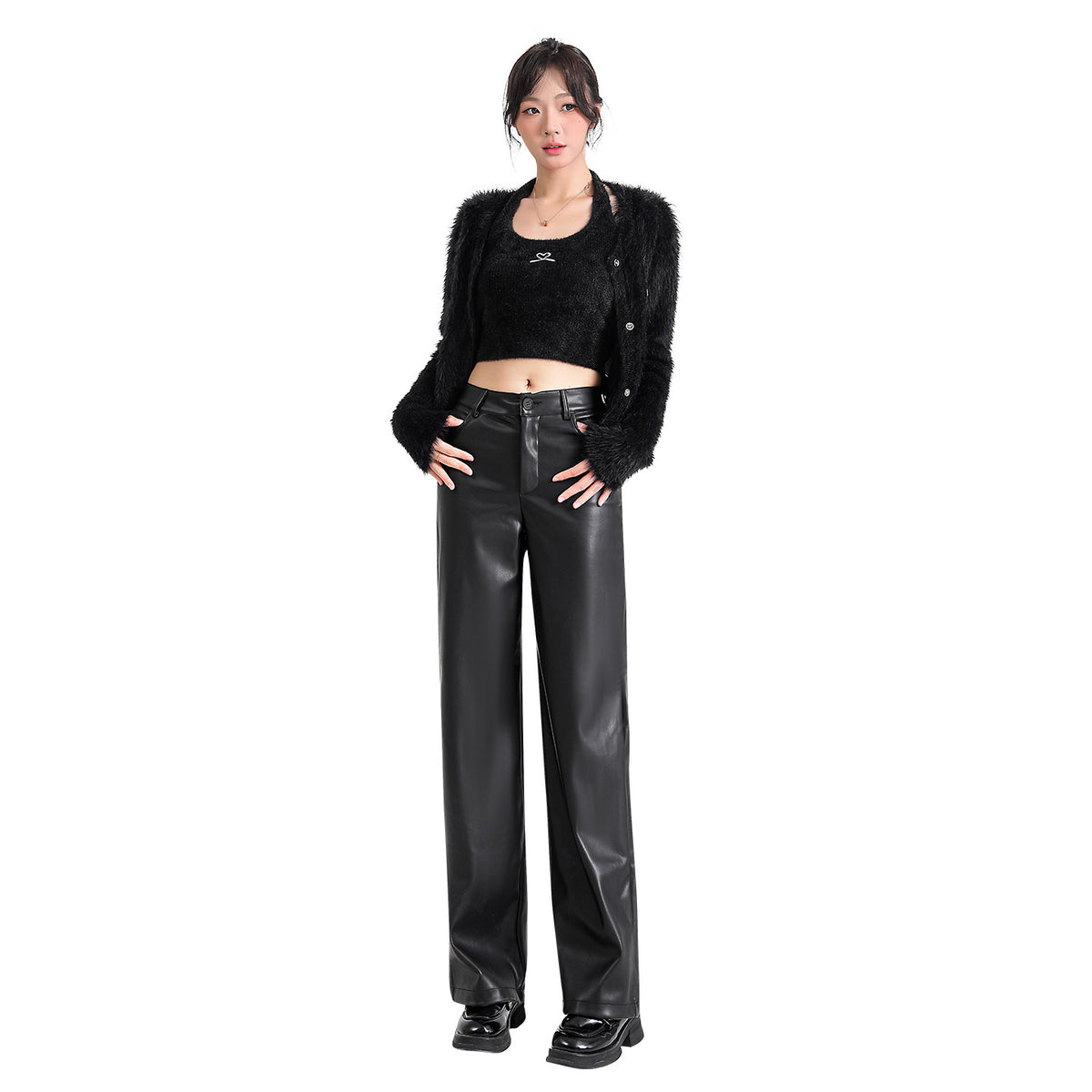Women's Leather Pants 2025 New Autumn and Winter Black High-Waisted Loose Straight Slimming Petite Pu Leather Wide-Leg Pants