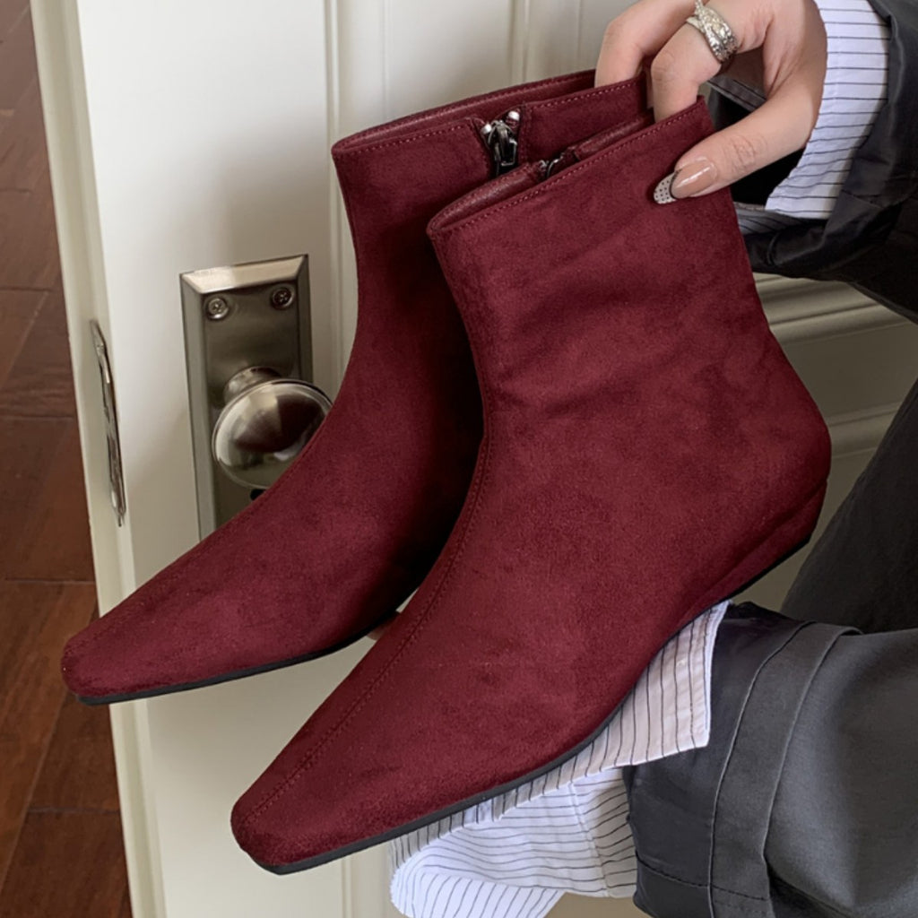 Casual Wedge-Heeled Square-Toe Short Boots for Women, Flats-Soled Autumn and Winter New Styles with Skirts, Short Boots, Versatile Side Zipper Fashion Boots