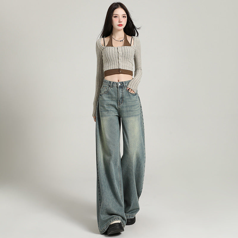 Vintage Lazy-Style Wide-Leg Jeans for Women, Korean Version, Spring 2026 New Model, Loose Fit, Slimming, High-Waisted, Straight-Leg, Floor-Length Pants