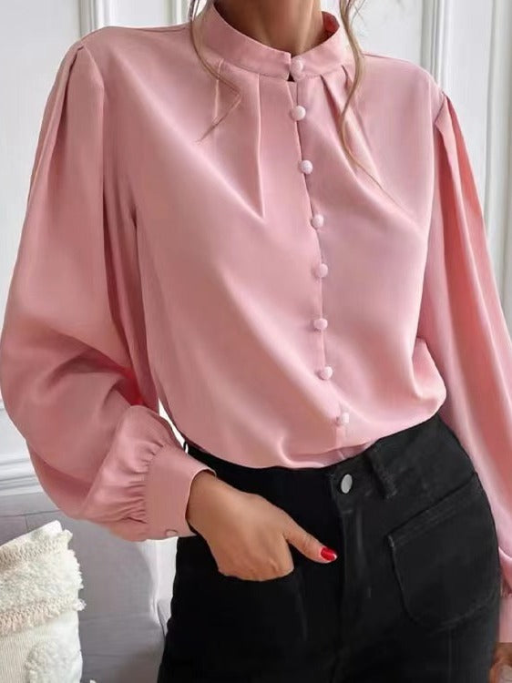 Women's Shirts 2024 Spring Amazon Foreign Trade New Elegant Solid Color Lapel Long Sleeve Single Row Button Loose Tops for Women