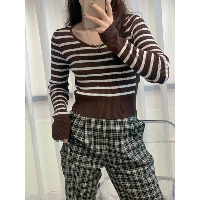 American Style Retro Fashionable Small Waist Sweater Elegant U-Neck Striped Long-Sleeved Slim-Fit Bottoming Sweater for Women