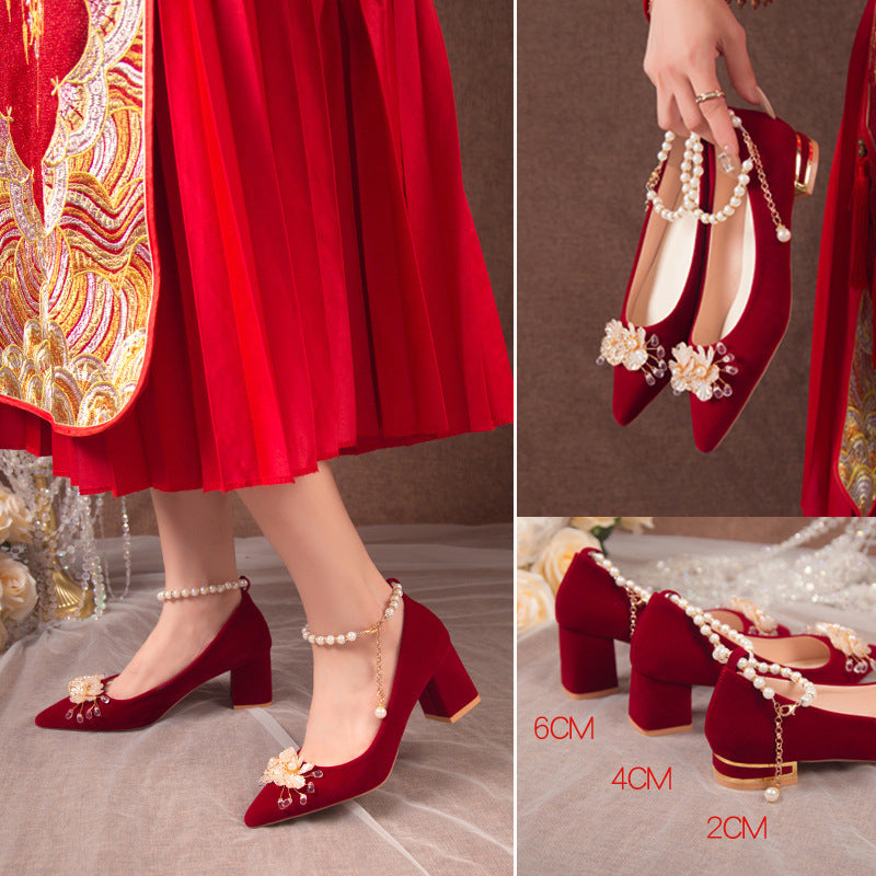 Wedding Shoes Women's Thick Heel New Bridal Shoes Red Xiuhe Dress Wedding Dress Two-Wear Not Tired Feet Middle Heel Wedding Heels