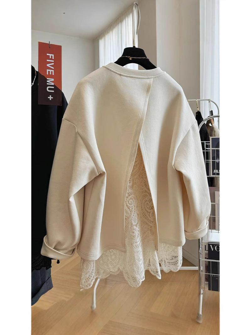 2024 New Lace Stitching Fake Two-piece Pullover Crewneck Sweaters Women's Spring and Autumn Lazy Style American Loose Top