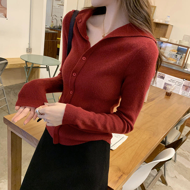 2026 Early Spring, Autumn, and Winter Collared Slim-Fit Long-Sleeve Knit Sweater for Women, Korean Style, Unique and Beautiful Design