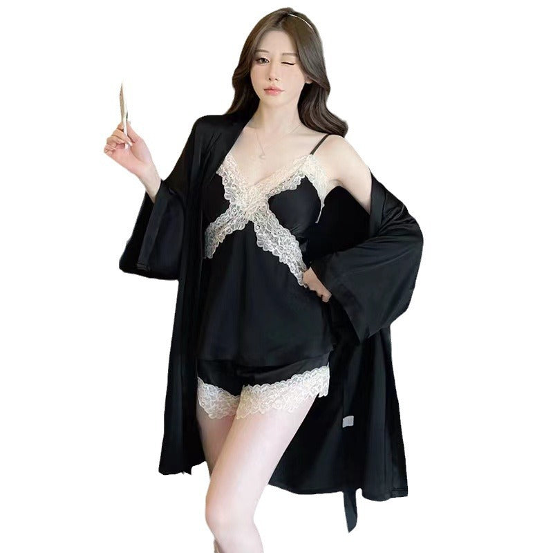 Pajamas for Women, Spring and Summer New Style, Satin Ice Silk Camisole Nightdress, Nightgown, Shorts Three-Piece Set with Chest Pad, Home Wear, Cool