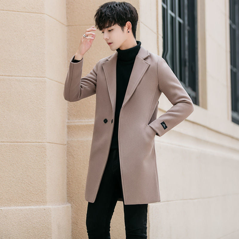 New Men's Trenchcoat Autumn and Winter Woolen Coat Men's Korean-style Fashionable cotton and thickening Youth Woolen Coat for Men