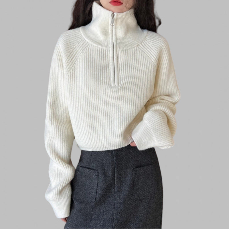 Designed Half-High Collar Zipper Red Knit Sweater for Women, Short Style, New Spring Model, High-Waisted Sweater, Loose and Thickened