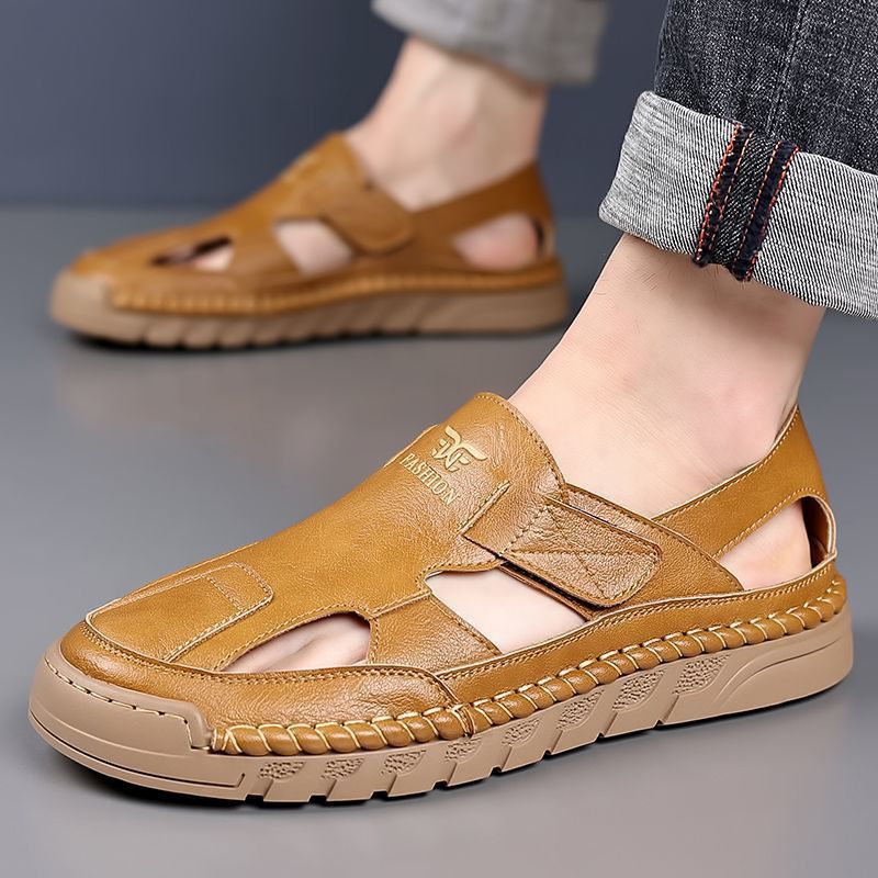 2024 Summer New Men's Handmade Online Casual Shoes Men's Hollow Breathable Leather Sandals Velcro Sandals 9197