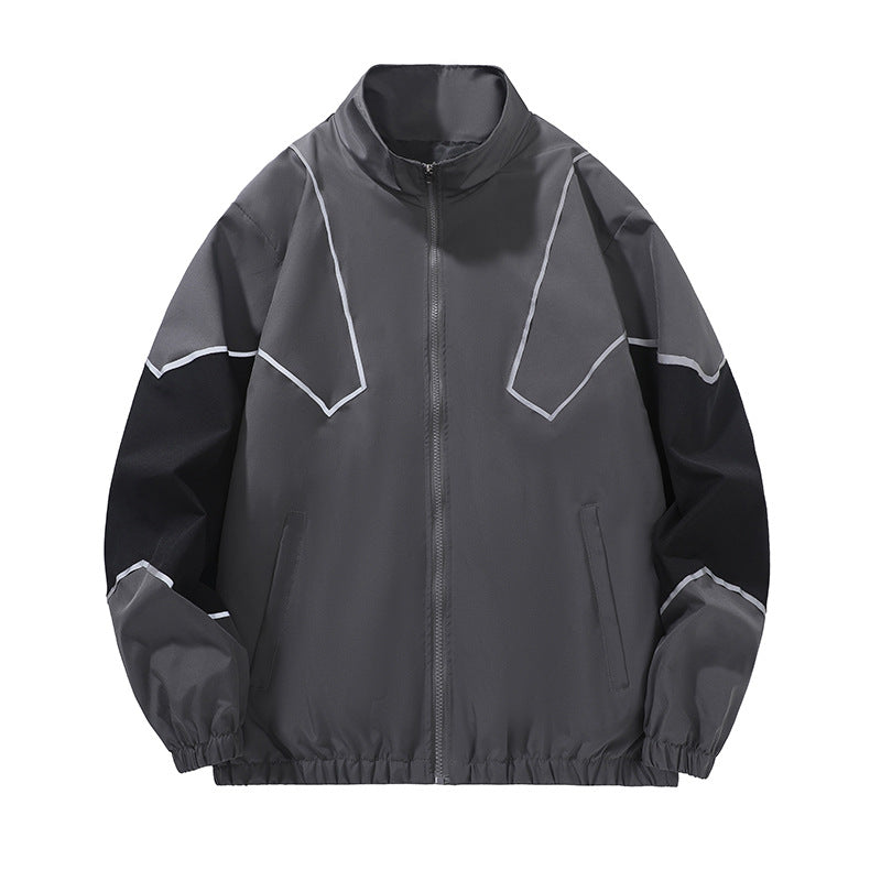 Trendy Brand Reflective Patchwork Stand-Up Collar Jacket Spring and Autumn Loose Sports Casual Jacket for Men