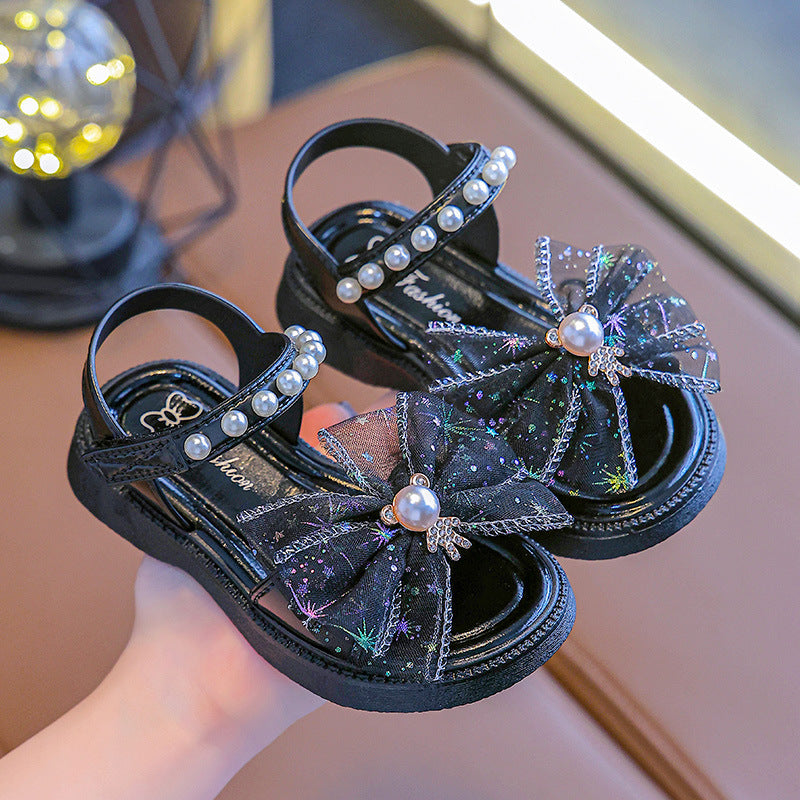 Girls' Sandals New Summer 2024 Children's Soft Sole Velcro Princess Shoes Bow Small Middle and Large Children's Girls Summer