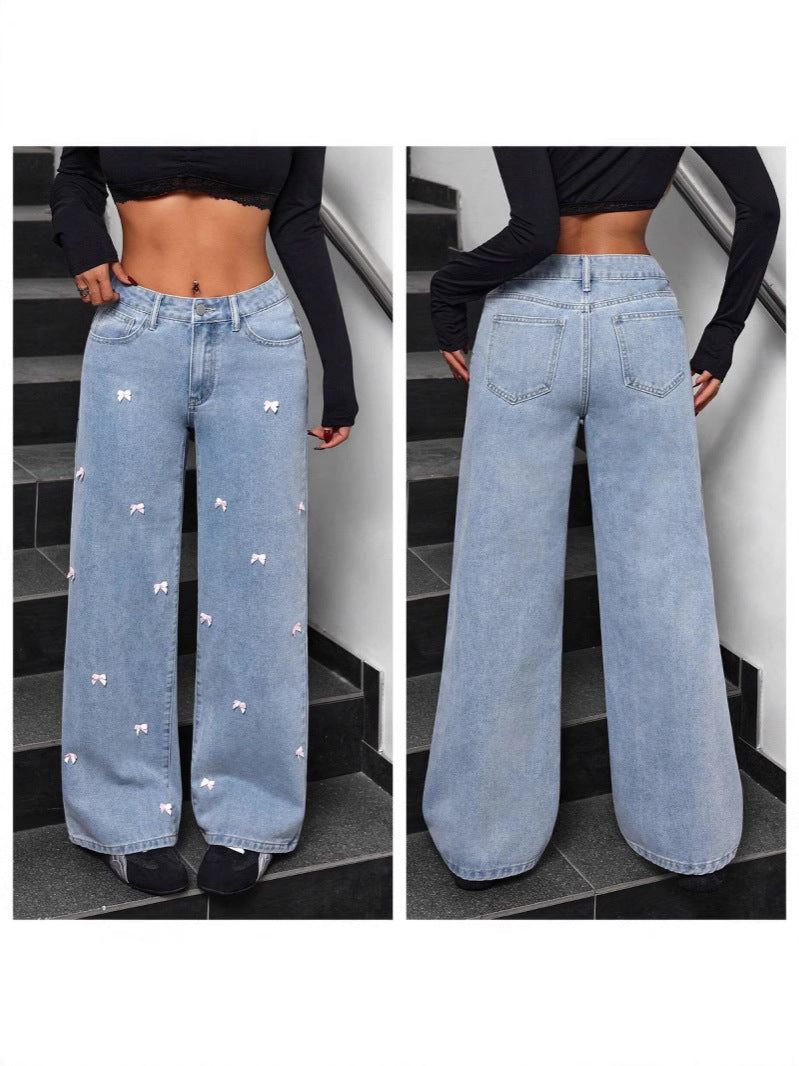 American High Street Y2K Jeans for Women 2025 New High-Waisted Washed Bow-Knot Casual Versatile Wide-Leg Pants Jeans