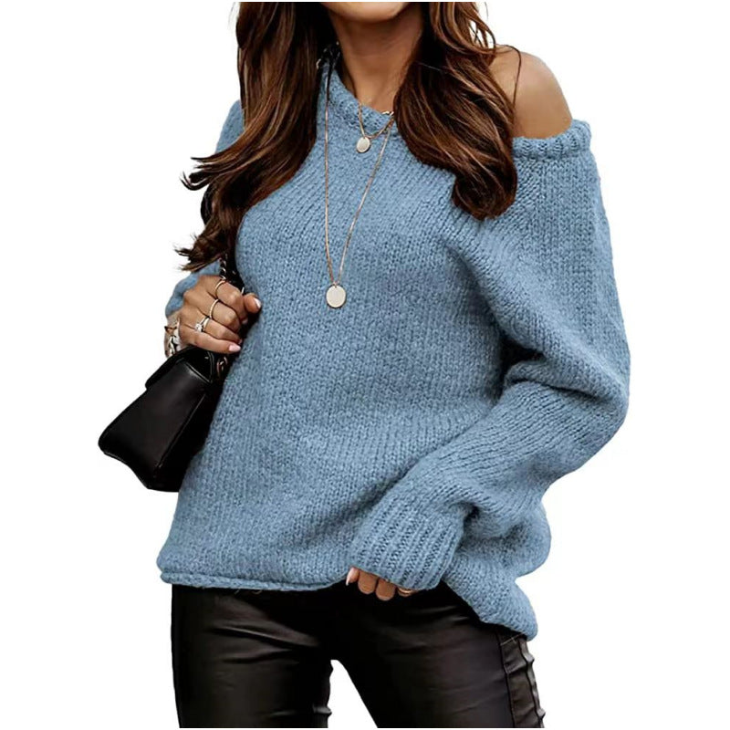 Cross-Border Amazon Autumn and Winter Off-Shoulder Sexy Round Neck Pullover Sweater Solid Color Casual Loose Large Size Sweater for Women
