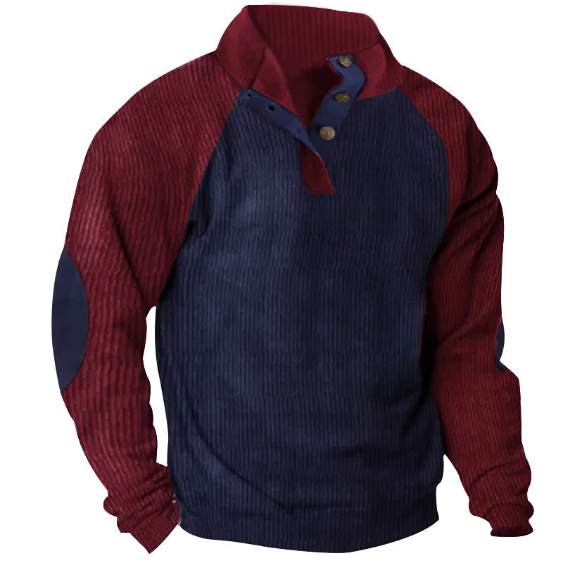 2025 Cross-Border Men's Casual Stand Collar Sports Sweatshirt Amazon Autumn and Winter Contrast Color Corduroy Slim Raglan Sweatshirt