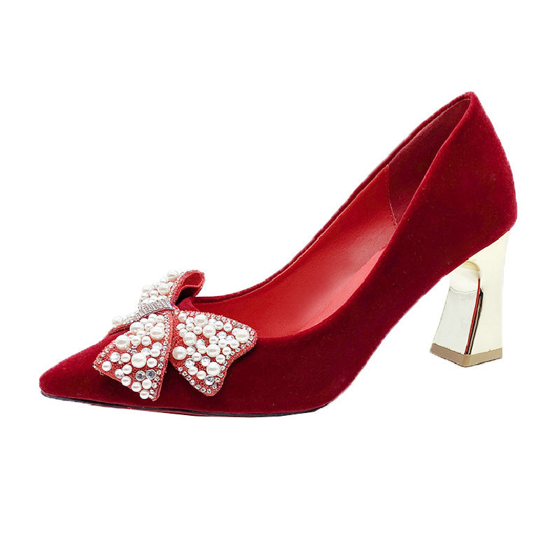 Red Wedding Shoes Women's 2022 New Pearl Bow High Heels Pointed Thick Heel Shoes Xiuhe Shoes Spot Hair
