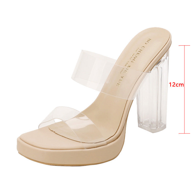 Real sheepskin transparent high heel girls shoes 2025 new waterproof platform with crystal heel thick heel sandals