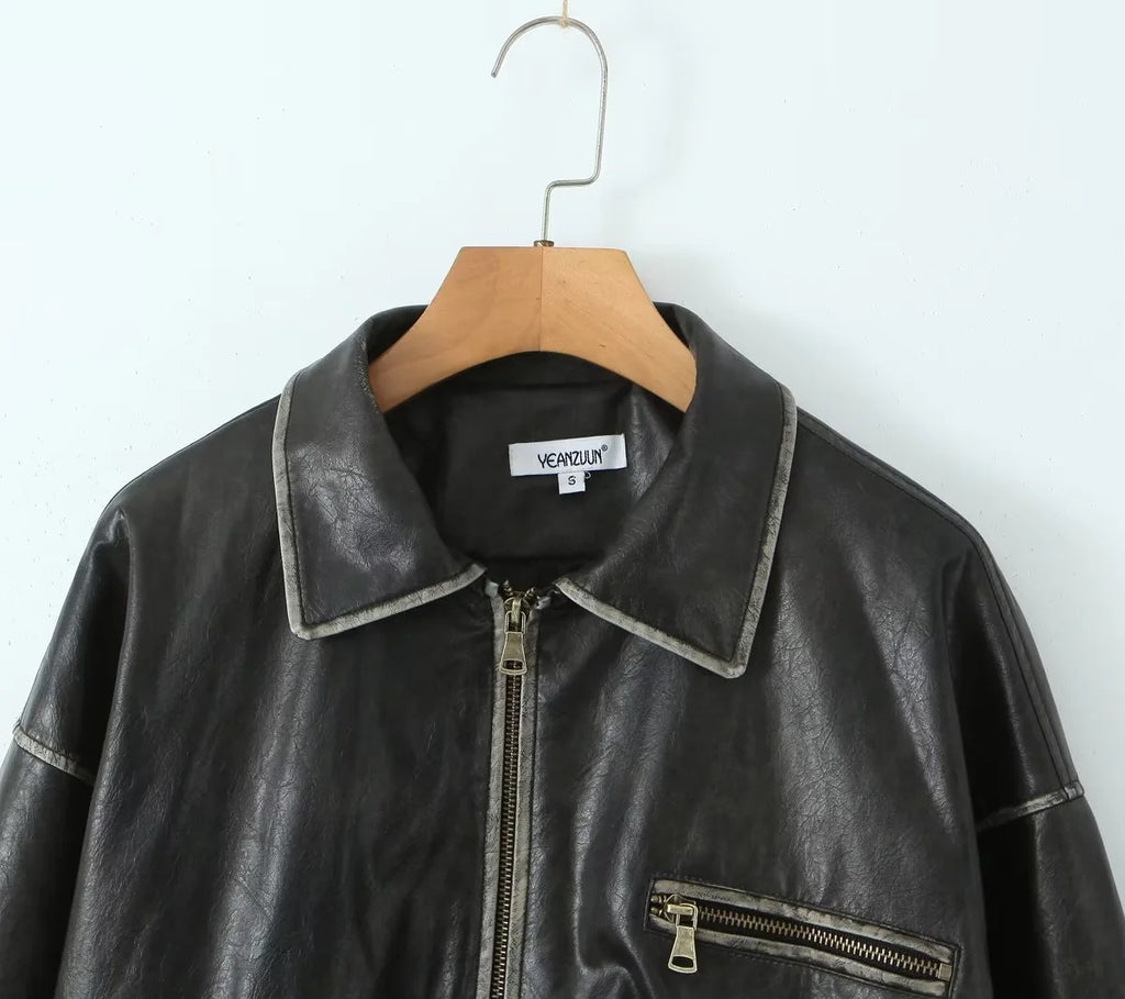 American heavy industry distressed leather jacket for women 2023 autumn and winter New retro loose brushed PU leather jacket for hot girls
