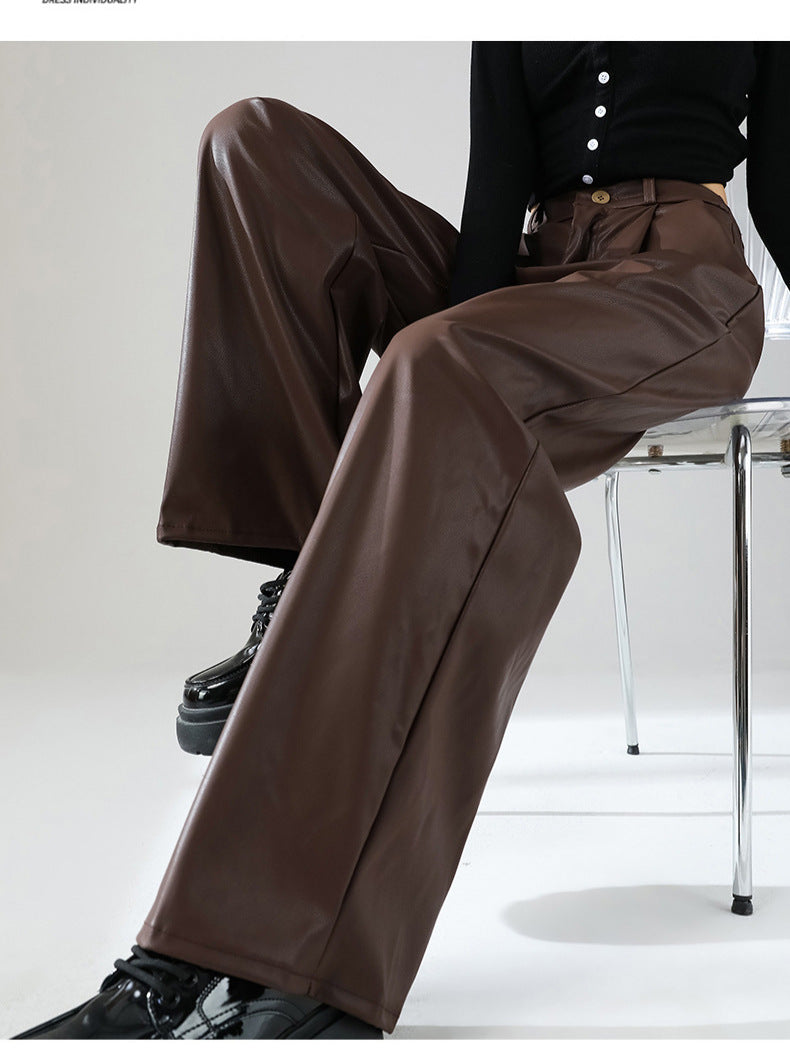 Leather Pants for Women Pu American Sexy Spring & Fall New Style Personalized Fashion Matte Retro High Waist Narrow Suit Wide Leg Pants
