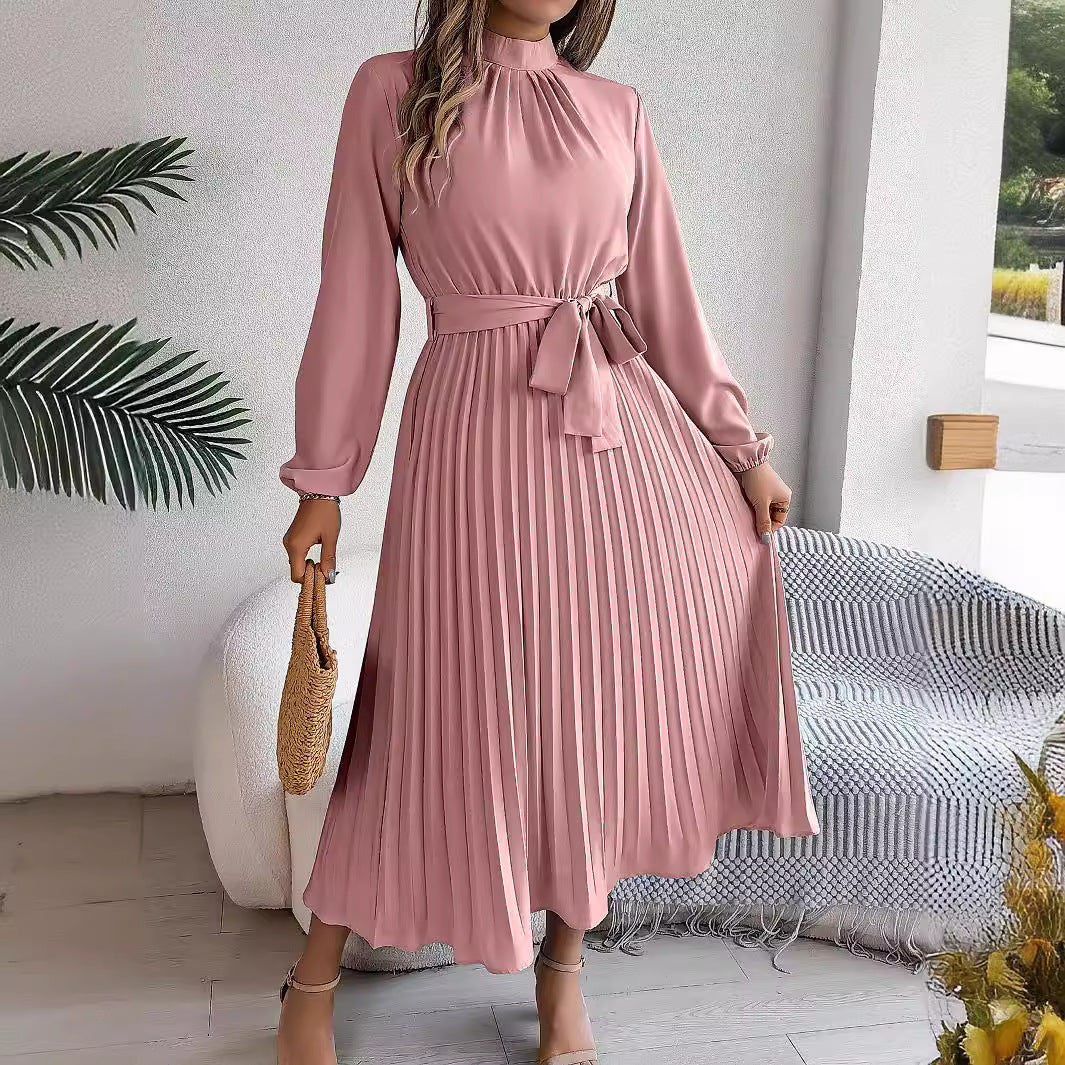 2026 European and American Spring/Summer Elegant Stand Collar Long Sleeve Waist-Cinched Pleated Long Dress Mini Dress Amazon Cross-Border Women's Clothing