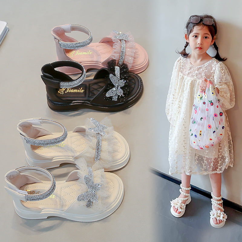 Girls Sandals 2025 Summer New Medium and Large Children's Roman Shoes Open Toe Fashion Bow Little Girls Princess Shoes Trendy