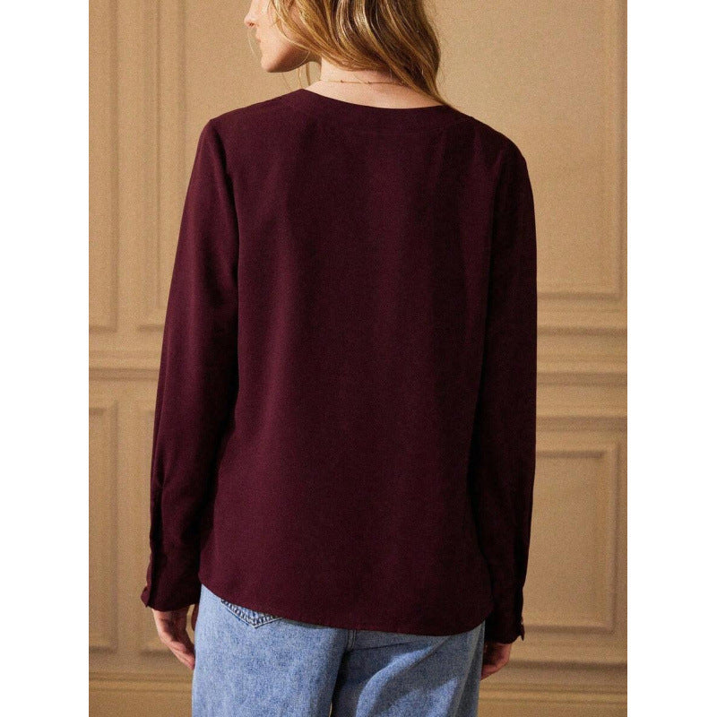 Foreign Trade New Cross-Border Blouses Pure Color Slit Button Cuff Shirt Long-Sleeved Top