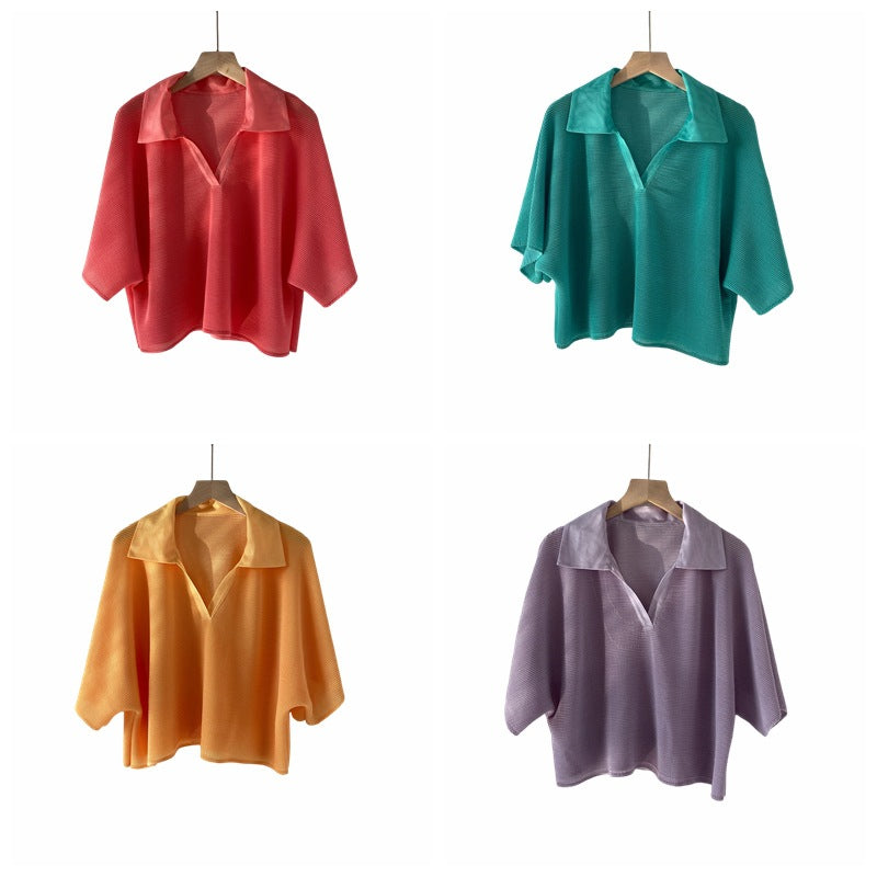 Short-Sleeved T-Shirt for Women Summer New Loose Slimming Look High-Waisted Versatile Polo Shirt T-Shirt Pleated Top Women's Large Size